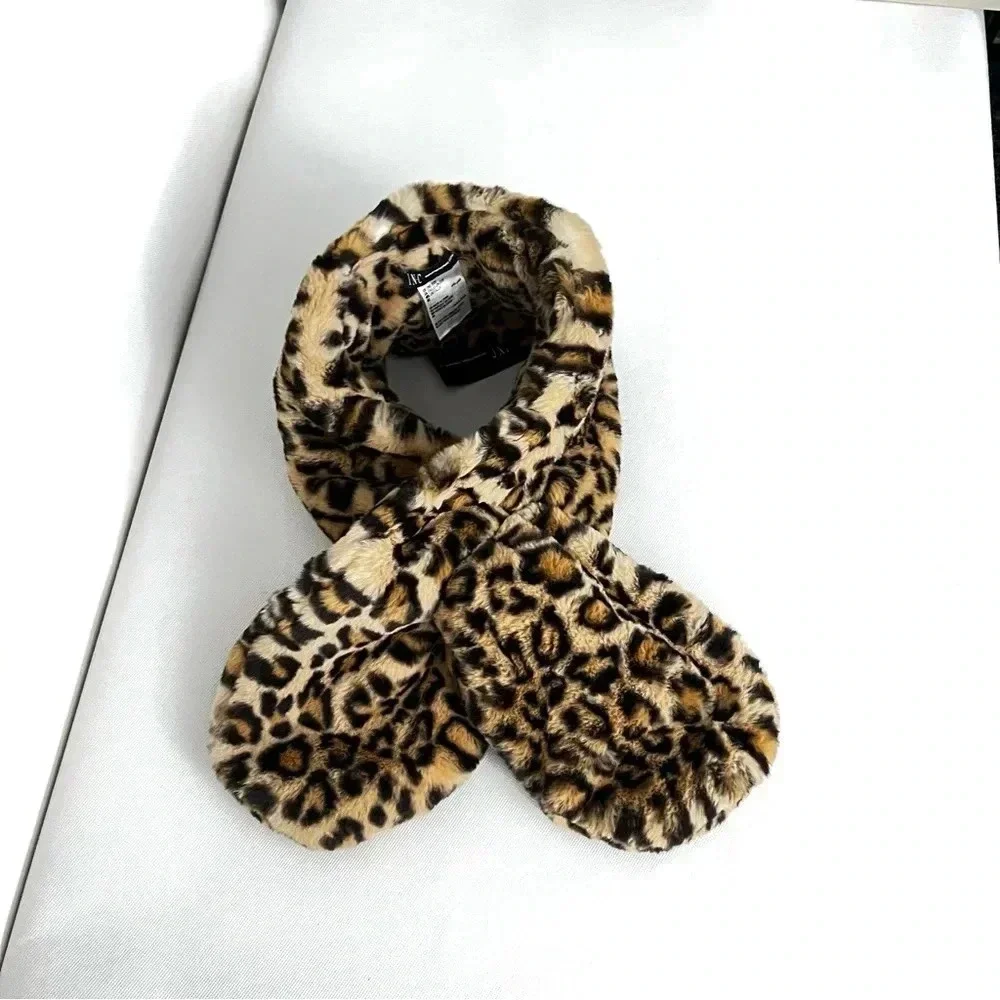 I.N.C Pull-Through Faux -Fur Scarf Leopard Print Black And Brown Soft Cozy